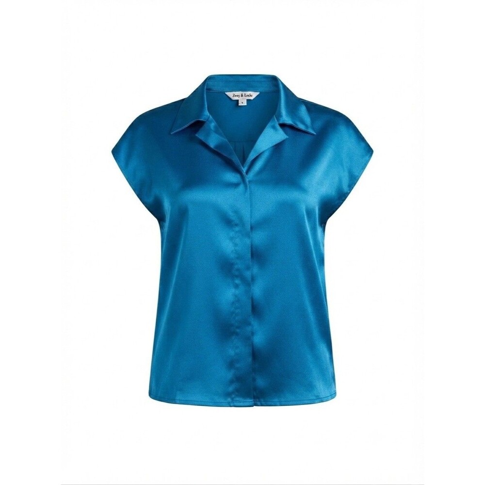 Zoey & Leelo Women S Blue Satin Short Sleeve Button Down Shirt Workplace Office